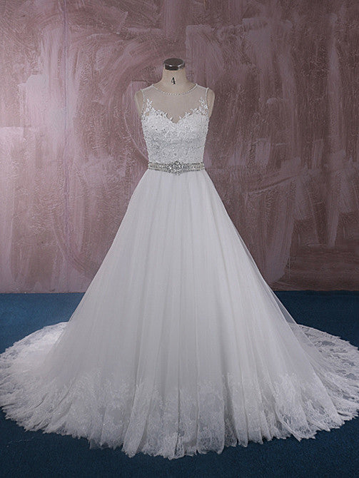 Elegant Ball Gown Lace Wedding Dress with Illusion Neckline and Back |  QT815007