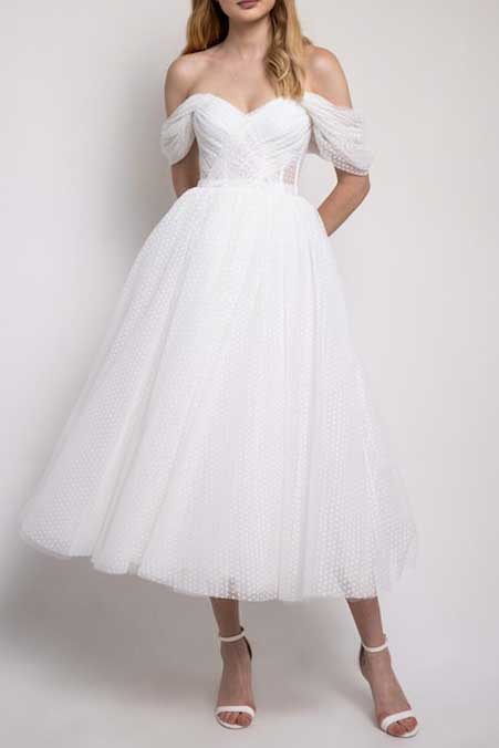 Off-the-shoulder Tulle Polka Dot Cute Wedding Ballgown - VQ