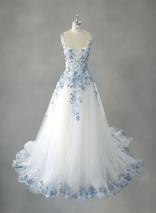 Blue Floral Lace Wedding Dress with Straps and Open Back ET3071